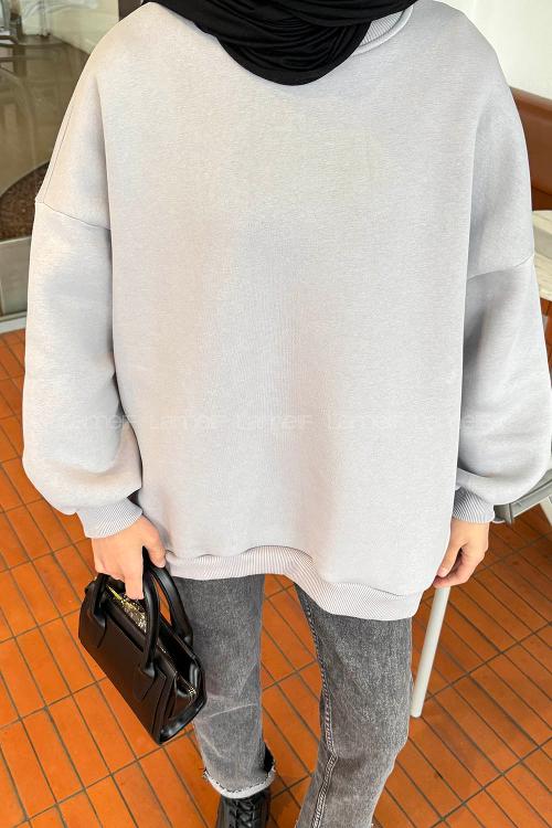 Lamelif Jasmin Bisiklet Yaka Oversize Sweat Açık Gri