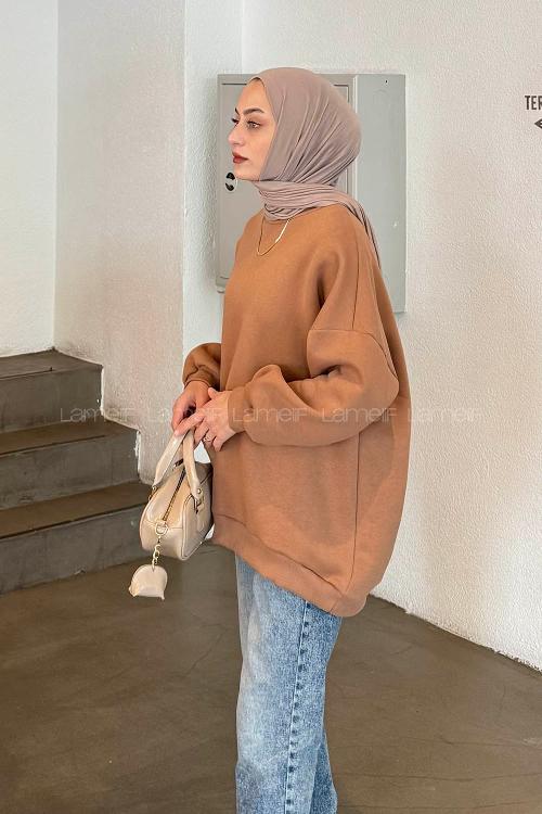 Lamelif Jasmin Bisiklet Yaka Oversize Sweat Camel