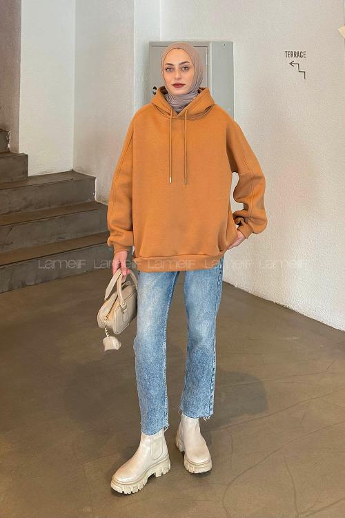 Lamelif Kapşonlu Oversize Yan Cepli Sweat Camel