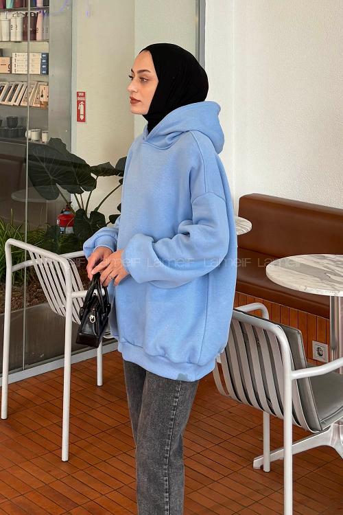 Lamelif Kapüşonlu Salaş Sweatshirt  Bebe Mavisi