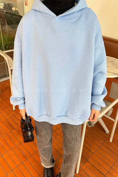 Lamelif Kapüşonlu Salaş Sweatshirt  Bebe Mavisi