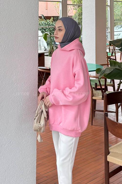 Lamelif Kapüşonlu Salaş Sweatshirt Şeker Pembesi