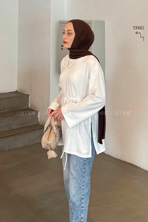 Lamelif Yırtmaç Detaylı Sweat Beyaz