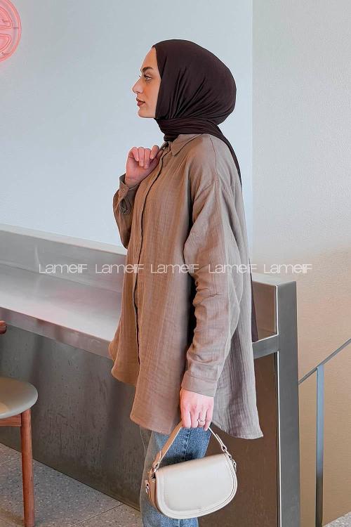 Lamelif Müslin Tesettür Gömlek Soft kahve