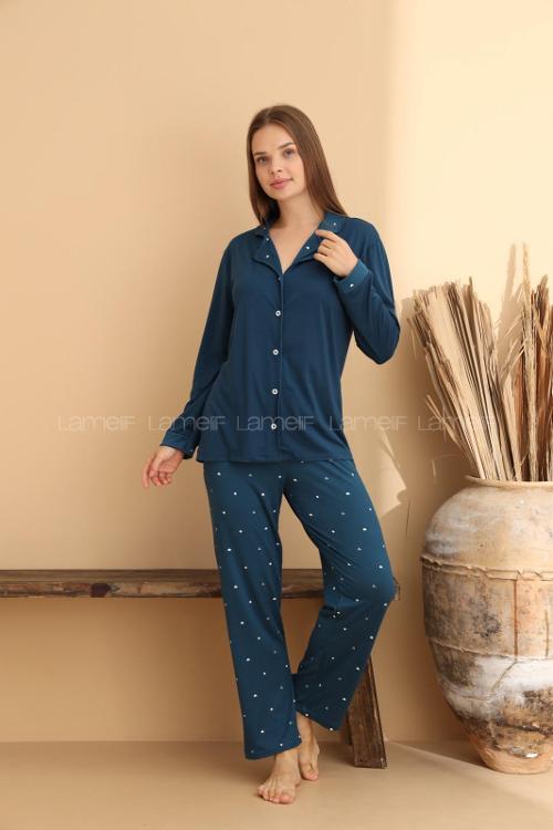 Lamelif Bambu Düğmeli Pijama Takımı Lacivert
