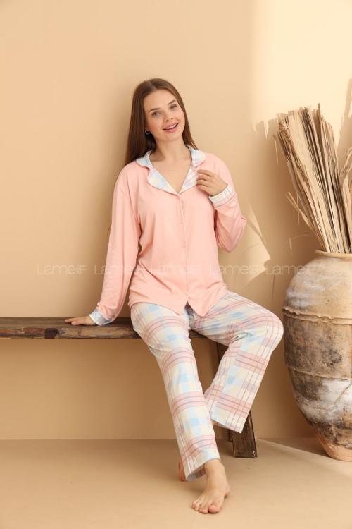 Lamelif Bambu Düğmeli Pijama Takımı Pembe