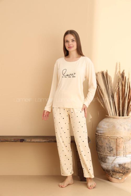 Lamelif Bisiklet Yaka Bamboo Kumaş Pijama Takımı Krem