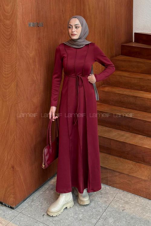Lamelif Dalgıç Tesettür Elbise Bordo