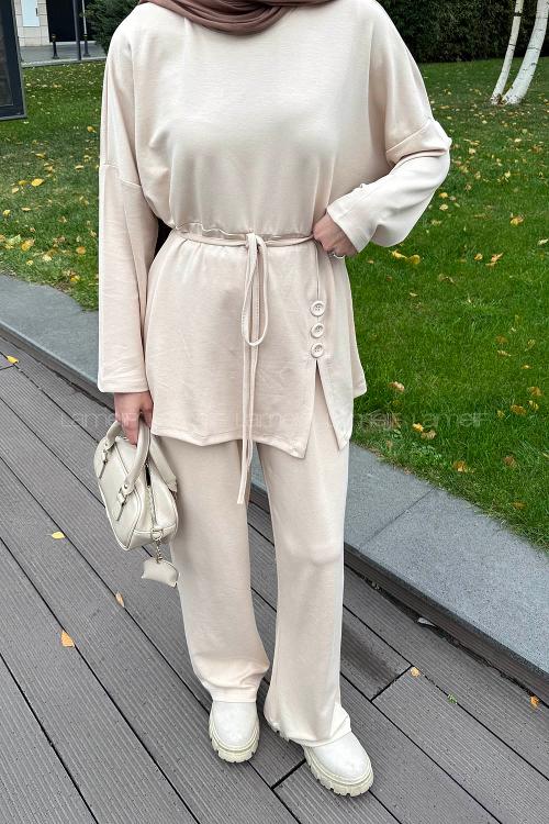 Lamelif Düğmeli İkili Takım Bej