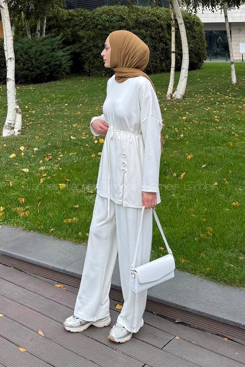 Lamelif Düğmeli İkili Takım Beyaz