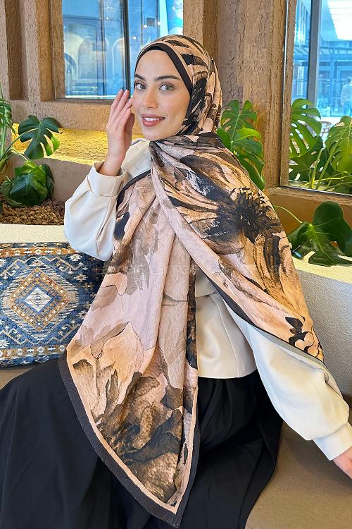 Lamelif Floral Desen Bambu Şal Camel