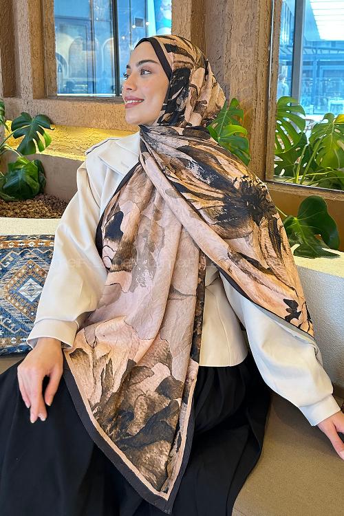 Lamelif Floral Desen Bambu Şal Camel