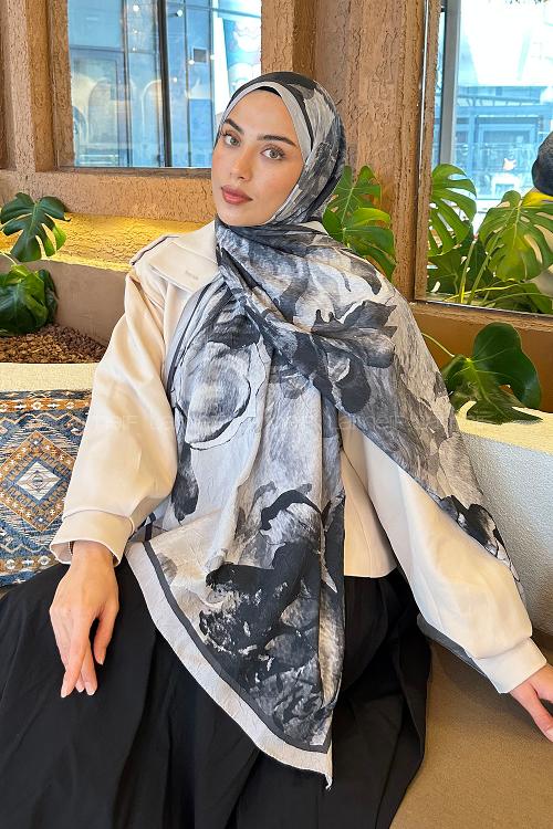 Lamelif Floral Desen Bambu Şal Gri