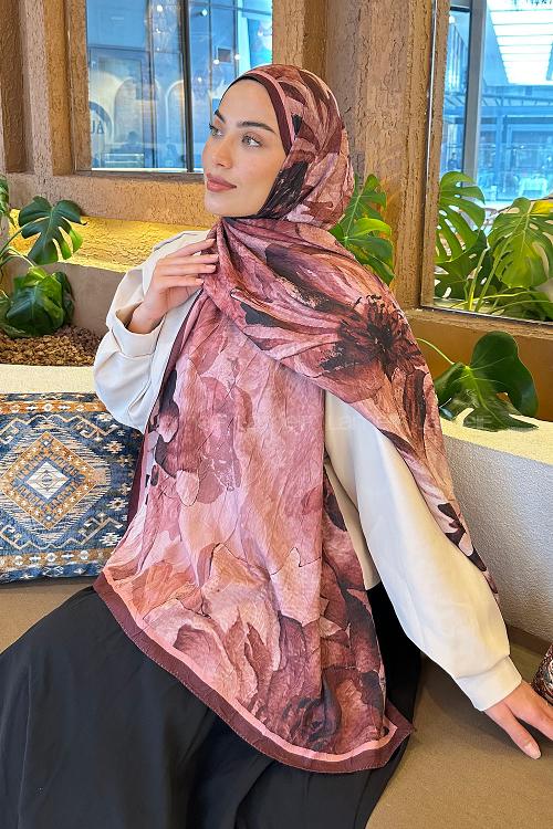 Lamelif Floral Desen Bambu Şal Gül Kurusu