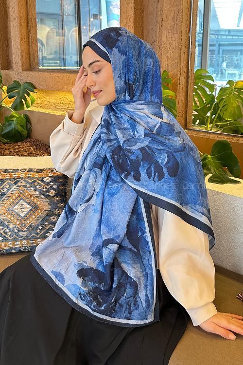 Navy Blue Cotton Fabric Striped Printed Shawl