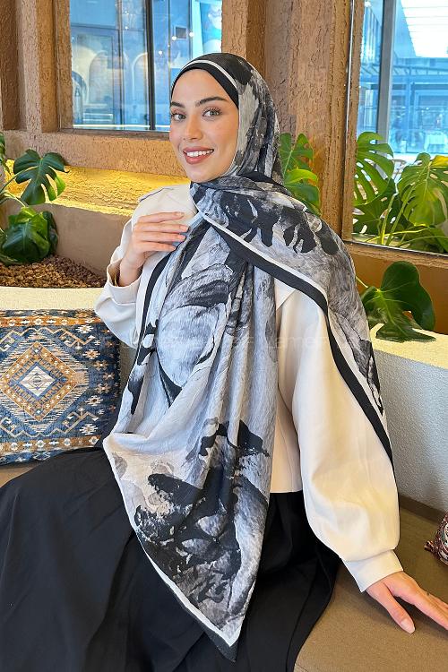 Lamelif Floral Desen Bambu Şal Siyah