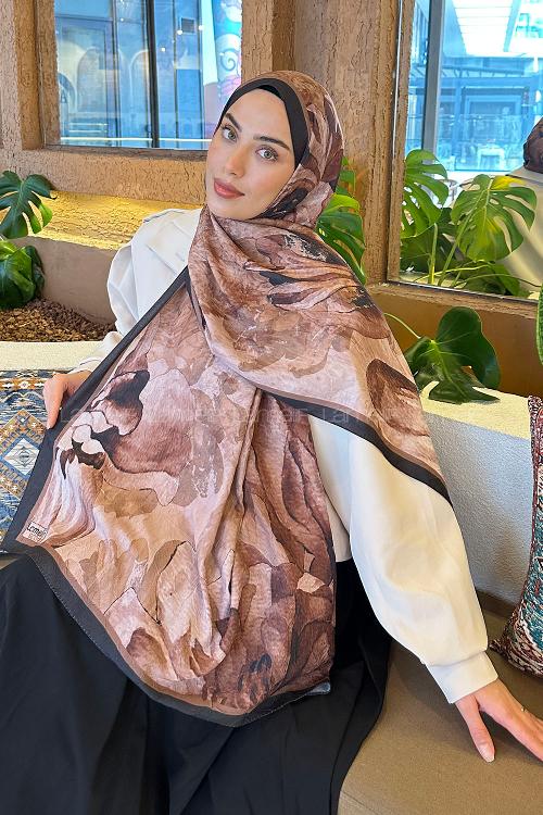 Lamelif Floral Desen Bambu Şal Siyah Kahverengi