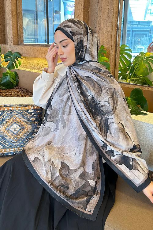 Lamelif Floral Desen Bambu Şal Siyah Vizon