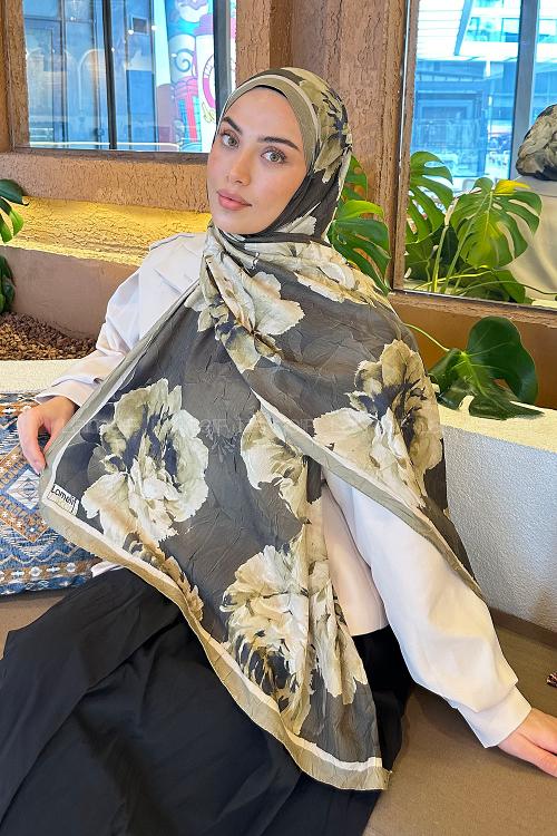 Lamelif Flower Desen Bambu Şal Asker Yeşili