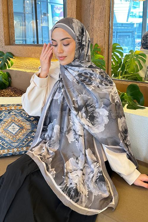 Lamelif Flower Desen Bambu Şal Gri