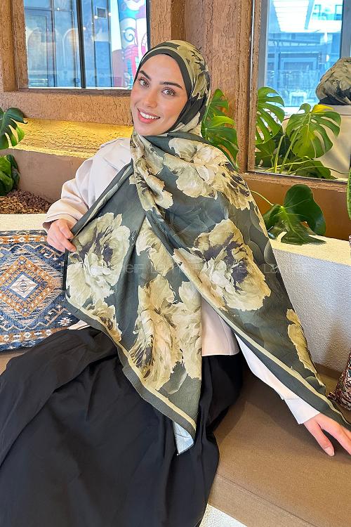 Lamelif Flower Desen Bambu Şal Haki