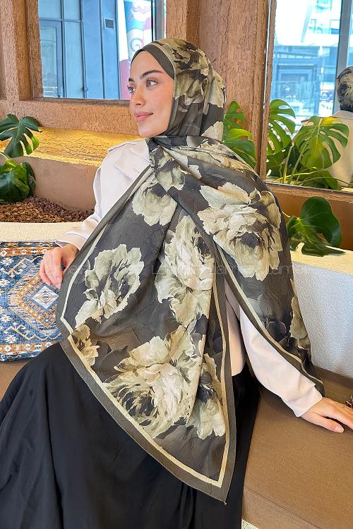 Lamelif Flower Desen Bambu Şal Koyu Yeşil