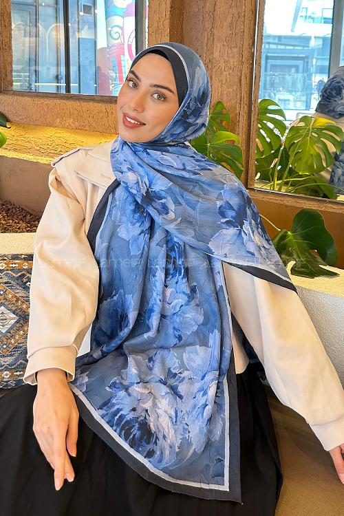 Navy Blue Cotton Fabric Striped Printed Shawl