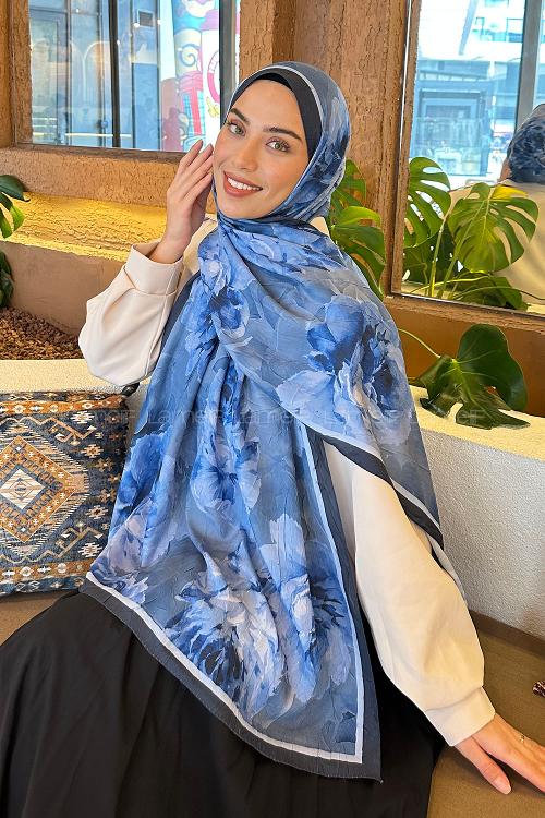 Navy Blue Cotton Fabric Striped Printed Shawl