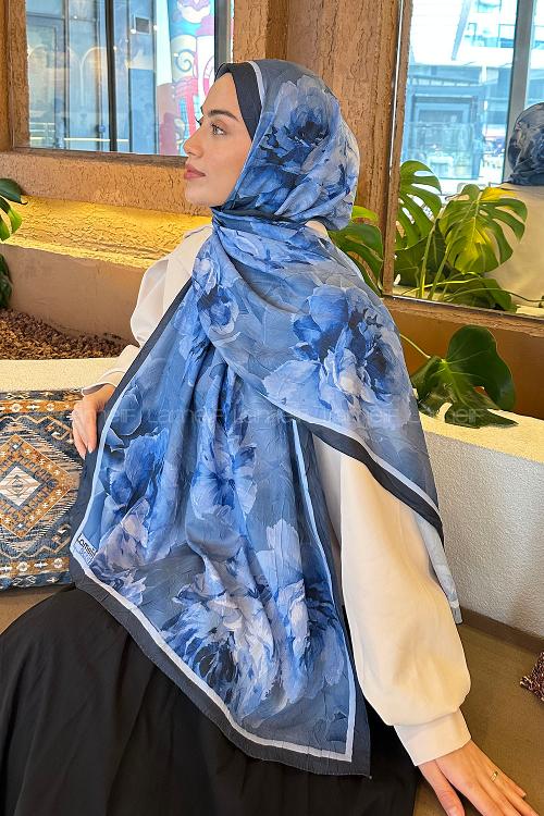 Navy Blue Cotton Fabric Striped Printed Shawl