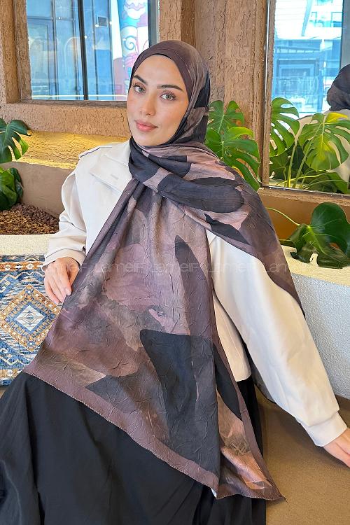 Lamelif Yaprak Desen Bambu Şal Kahverengi