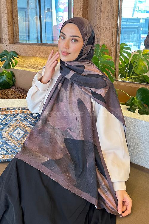 Lamelif Yaprak Desen Bambu Şal Kahverengi