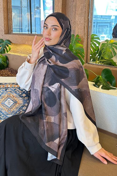 Lamelif Yaprak Desen Bambu Şal Siyah Kahverengi