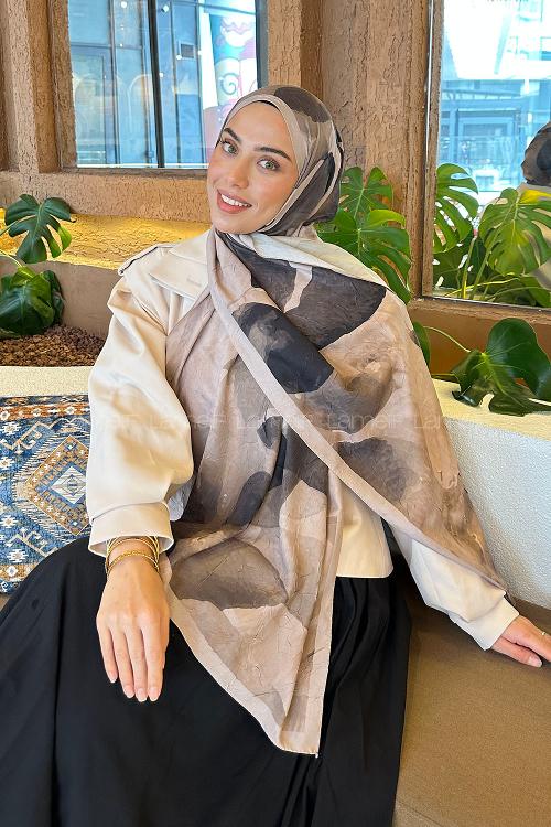 Lamelif Yaprak Desen Bambu Şal Vizon