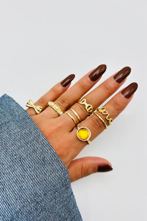 Lamelif Gold 8li Kombin Kurdele Yüzük Seti