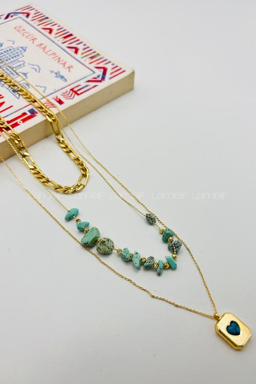 Lamelif Gold Doğal Taş 3lü Kombin Kolye Seti