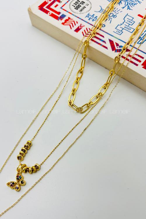 Lamelif Gold Kelebek 3lü Kombin Kolye Seti