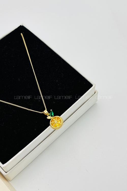 Lamelif Gold Kristal Taşlı Zirkon Portakal Kolye