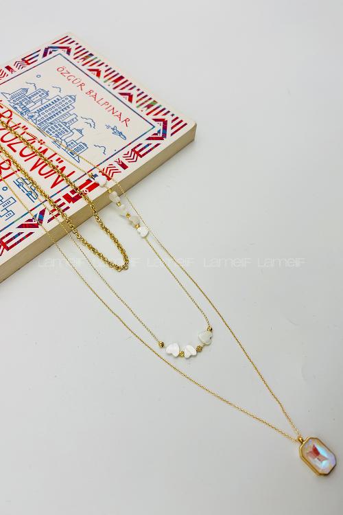 Lamelif Gold Sedef Kalp 3lü Kombin Kolye Seti