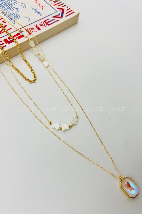 Lamelif Gold Sedef Kalp 3lü Kombin Kolye Seti