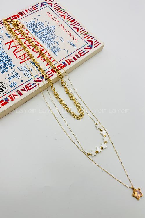 Lamelif Gold Sedef Yıldız 3lü Kombin Kolye Seti