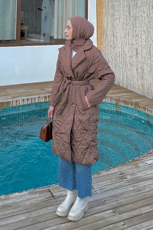 Lamelif Bağlama Detaylı Kapitone Mont Acı Kahve