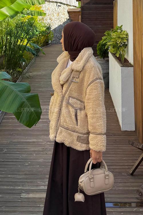 Lamelif Biyeli Peluş Mont Bej