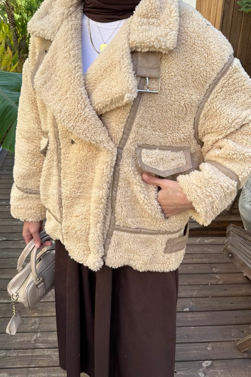 Lamelif Biyeli Peluş Mont Bej