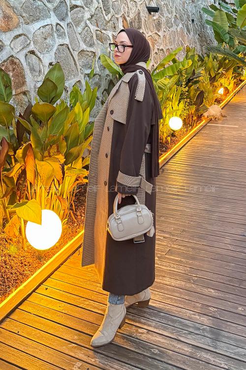 Lamelif Ekoseli Reglan Trençkot Acı Kahve