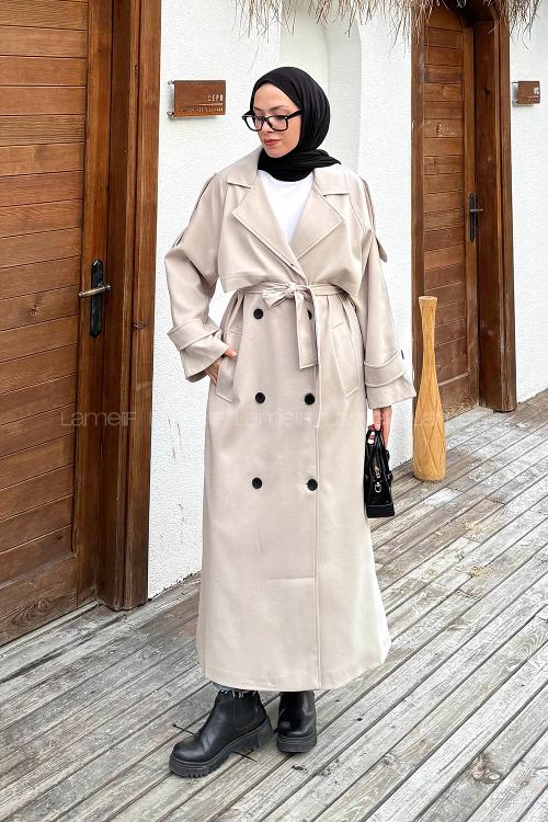 Lamelif Fleto Cep Omuz Apoletli Trençkot Taş Rengi