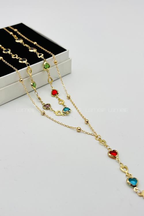 Lamelif Gold 2li Çokrenkli Kalp Y Kolye