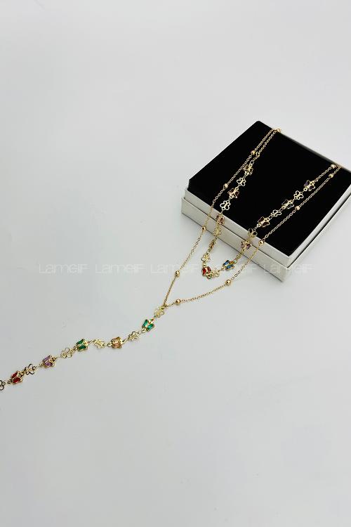 Lamelif Gold 2li Çokrenkli Kelebek Y Kolye