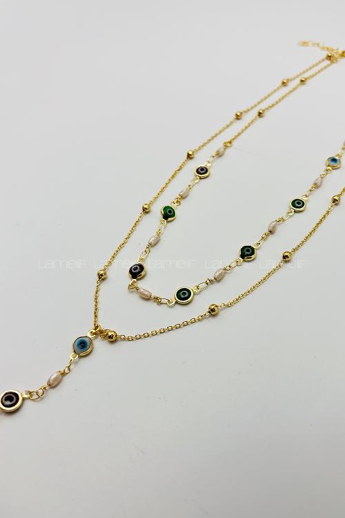 Lamelif Gold 2li Çokrenkli Nazar Y Kolye