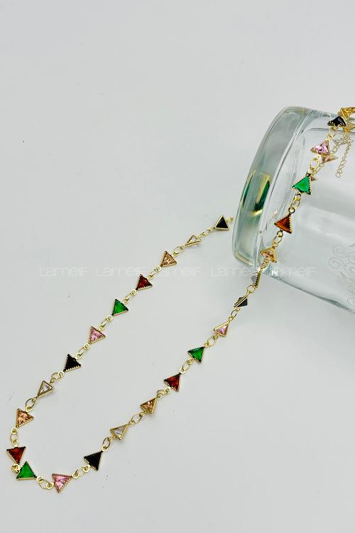 Lamelif Gold Çelik Çokrenkli Kristal Taşlı Kararmaz Kolye