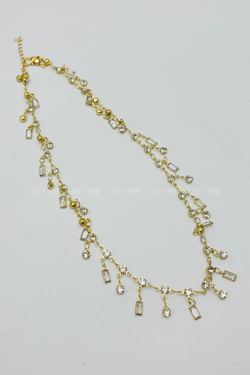 Lamelif Gold Çelik Kristal Taşlı Sallantılı Kararmaz Kolye